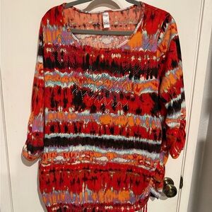 TO Thomas & Olivia Bold Red Multi-Stripe Scoop Neck Tunic with 3/4 Sleeves